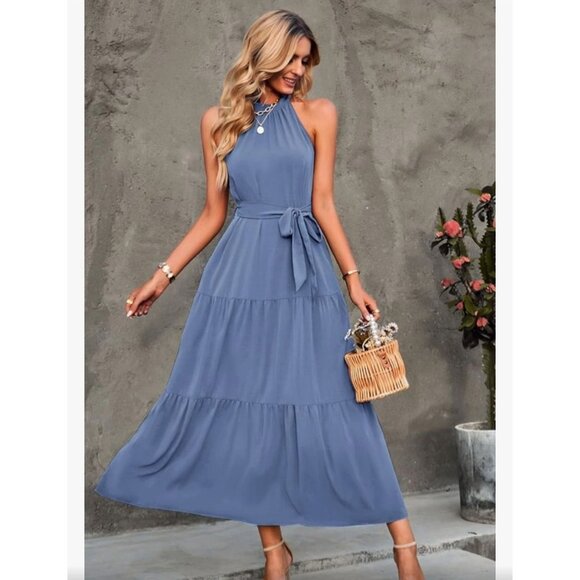 Pretty Garden Womens Halter Neck Tiered Maxi Dress Size S Waist Tie Light Blue - Picture 3 of 13